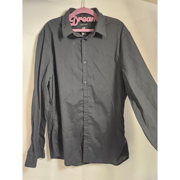 H&M Mens Size “M” Black Slim Fit Button Front Collared Dress Shirt Easy Iron - Picture 1 of 12